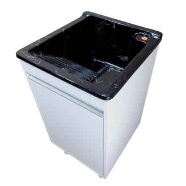 Imagem de Tanque de Lavar Roupa Fibra 20L com Gabinete MDF Pequeno Entregue mont