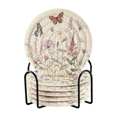 Imagem de SEHANY Elegante conjunto de 6 porta-copos de flores de borboleta com suporte, porta-copos redondos absorventes de algodão resistente ao calor para mesa de jantar, canecas de café, 10 cm