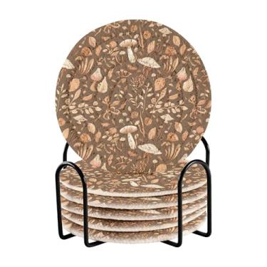 Imagem de SEHANY Conjunto de 6 porta-copos de cogumelos florestais com suporte, porta-copos redondos absorventes de algodão resistente ao calor para mesa de jantar, canecas de café, 10 cm