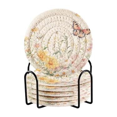 Imagem de SEHANY Elegante conjunto de 6 porta-copos de flores de borboleta com suporte, porta-copos redondos absorventes de algodão resistente ao calor para mesa de jantar, canecas de café, 10 cm
