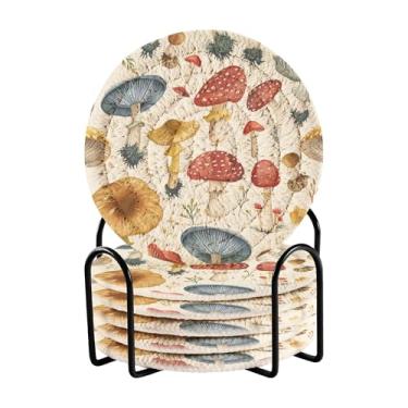 Imagem de SEHANY Conjunto de 6 porta-copos de cogumelos florestais com suporte, porta-copos redondos absorventes de algodão resistente ao calor para mesa de jantar, canecas de café, 10 cm