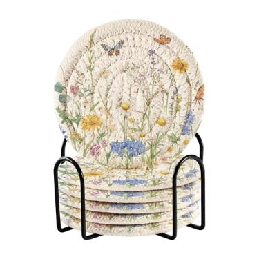 Imagem de SEHANY Elegante conjunto de 6 porta-copos de flores de borboleta com suporte, porta-copos redondos absorventes de algodão resistente ao calor para mesa de jantar, canecas de café, 10 cm
