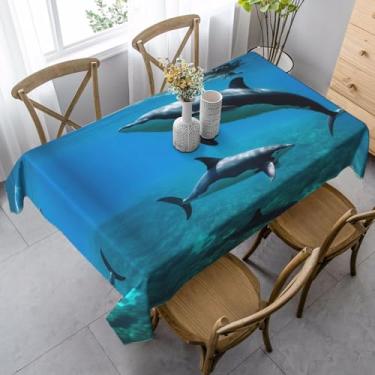 Imagem de SKKNT Toalha de mesa de jantar engraçada com estampa de golfinho, 89 x 139 cm, retangular, impermeável, reutilizável, festa de jantar