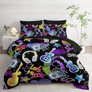 Imagem de XYNHML Conjunto de cama com estampa de guitarra colorida, 7 peças, fone de ouvido, rádio, estrela, desenho animado, rock, para crianças, adolescentes, adultos, com 2 lençóis, 2 fronhas, 2 fronhas
