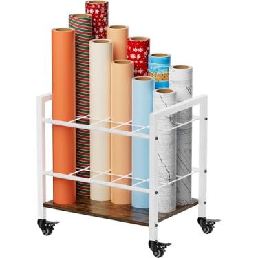 Imagem de Tigerden Carrinho de armazenamento de plantas, 15 compartimentos de metal com rodas e almofadas ajustáveis, organizador vertical de papel de embrulho para mapas pôsteres planos de construção