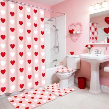 Imagem de JarThenaAMCS Conjunto de 4 peças de banheiro para dia dos namorados, rosa, vermelho, branco, coração, antiderrapante, tapete de banheiro em forma de U, tampa de vaso sanitário, cortina de chuveiro com
