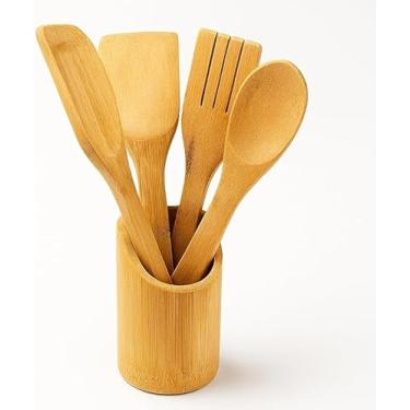 Imagem de Kit 5 Utensílios de Cozinha em Bambu Natural com Suporte, Colher e Espátulas, Design Rústico.