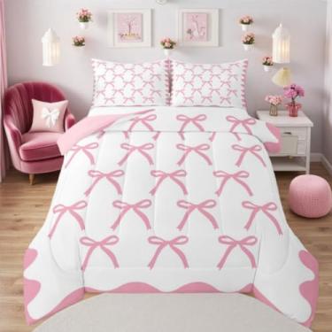 Imagem de Erosebridal Jogo de cama casal com laço rosa, aquarela, coquete, laço e laço romântico, simples, para crianças, meninos, meninas, elegante, estilo princesa, edredom
