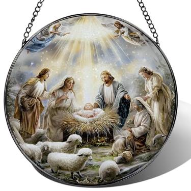 Imagem de Captador de sol de vitral, enfeite de apanhador de sol de presépio; pendurado em vitral, enfeite de Natal, decoração de casa cristã; presentes para Natal, presente cristão, presente religioso