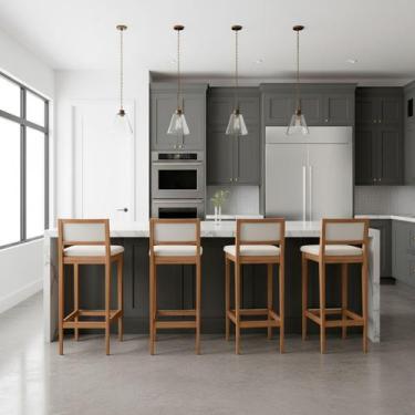 Imagem de Kit 4 Banquetas Estofada em Linho Encosto Palhinha Bruna cor:mel com l