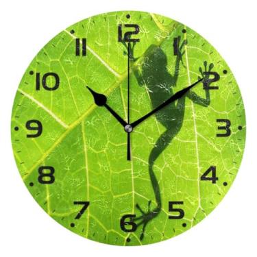 Imagem de JUZIHAI Relógio de parede com sombra de sapo na folha, silencioso, sem tique-taque, redondo, operado por bateria, fácil de ler, relógio decorativo de parede para casa, cozinha, sala de estar, quarto