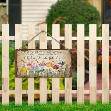 Imagem de Placa suspensa de 10 x 20 cm - Que mundo maravilhoso com flores, decoração rústica de casa de fazenda para cerca, varanda, jardim (casa vintage e design floral)