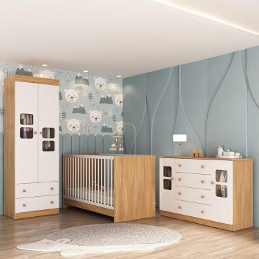 Imagem de Quarto De Bebê Completo Com Berço 3 Em 1 Para Colchão 130x60cm Brisa Multimóveis Mp4529 Madeirado/branco