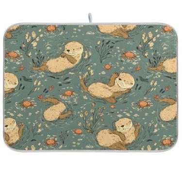 Imagem de Otter Stream Tapete de secagem de pratos azul 45,7 cm x 61 cm, tapete de escorredor de pratos reversível, tapete protetor de bancada