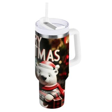 Imagem de ODAWA Copo de aço inoxidável vermelho de Natal Polar Bear com alça e palha, copo isolado grande