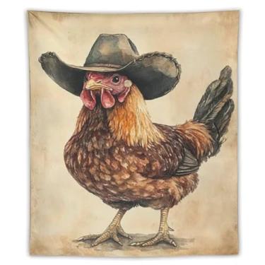 Imagem de Tapeçaria de parede galo em chapéu de cowboy decoração de animais de fazenda peculiar fundo bege arte rústica para sala de estar quarto aconchegante estilo country decoração de pendurar decoração