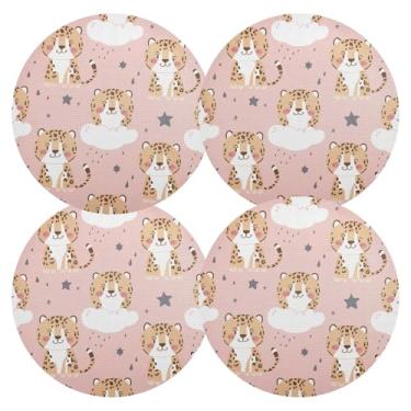 Imagem de Jogo americano de cozinha rosa com nuvens de leopardo, conjunto de 4 tapetes de mesa circulares de PVC, decorações de mesa de 38 cm para sala de jantar resistentes ao calor para festa de Natal