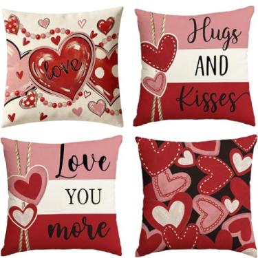 Imagem de Conjunto de 4 capas de almofada para dia dos namorados 45,7 x 45,7 cm, decorações de dia dos namorados para casa, ao ar livre, coração vermelho te amo abraço e beijos