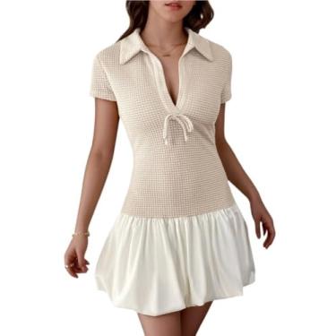 Imagem de GTIANHE-TAN Minivestido feminino decote V profundo manga curta silhueta evasê bainha plissada cintura midi, One Size, Ágata