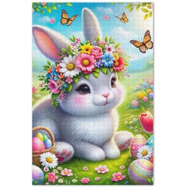 Imagem de Quebra-cabeça coelho floral coelho da páscoa adulto 1000 peças quebra-cabeça elefante branco duro decoração de arte animal, 75 x 40 centímetros