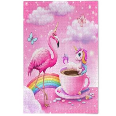 Imagem de Quebra-cabeça 1000 peças para adultos decoração de arte animal fofa rosa fantasia flamingo unicórnio quebra-cabeças difíceis presentes para jogo de elefante branco, 1000 peças, 75 x 50 cm