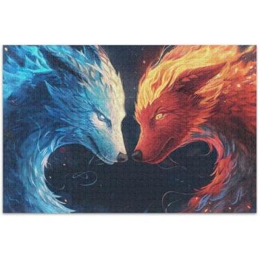 Imagem de Quebra-cabeça dragão fogo lobo gelo 1000 peças adulto engraçado jogo de quebra-cabeça presentes legais para adultos família brinquedo arte, 75 x 19,7 polegadas