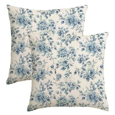 Imagem de NUTEEN Rosas românticas florescendo azuis 45,7 x 45,7 cm conjunto de 2 capas de almofada, vintage, buquê de flores naturais, design artístico, fronhas quadradas para decoração de casa, sofá, carro