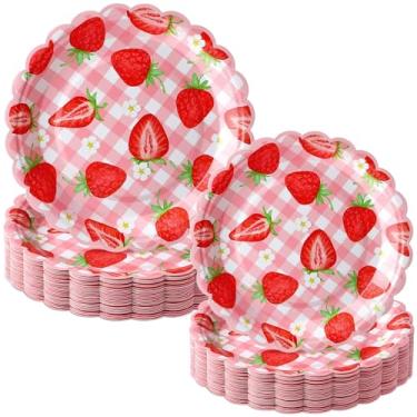 Imagem de Havawish 60 peças de pratos de papel de morango xadrez rosa padrão quadriculado pratos descartáveis decoração de festa frutas morango suprimentos de festa de verão para aniversário, casamento, chá de