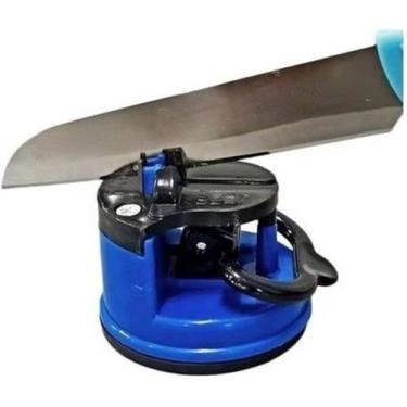 Imagem de Afiador de Facas, Base com Ventosa, Sistema de Afiar com Tungstênio, Aço Carbono e Pedra Cerâmica. Amolador Afiador De Facas Tesouras Canivetes Linha Premium (Azul)