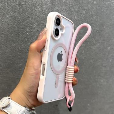 Imagem de Capa de celular luxuosa com cordão transparente para iPhone 14, 11, 12, 13, 15, 16 Pro Max, à prova de choque, com alça de pulso, rosa, para iPhone 16 Plus