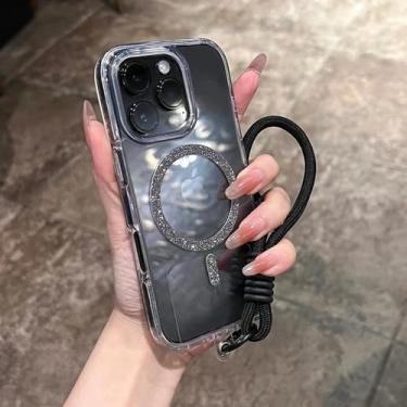 Imagem de Capa magnética transparente com alça de pulso para iPhone 14, 15, 16 Plus, 11, 12, 13, 16 Pro Max, capa transparente com glitter brilhante, preta, para iPhone 12 Pro