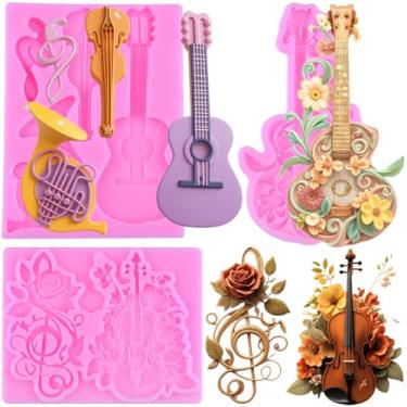 Imagem de MIYAHOUSE Moldes de silicone para fondant de guitarra para decoração de bolos, topo de cupcake, pasta de goma de chocolate, argila de polímero, conjunto de 3