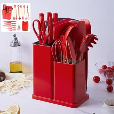 Imagem de Kit Utensílios de Cozinha 19 Peças em Silicone com Cabo de Madeira, Facas e Tábua – Resistente ao Calor 230°C(Vermelho)