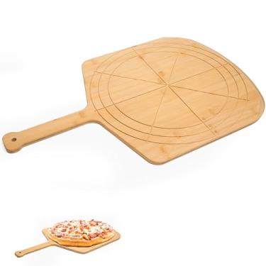 Imagem de Loftern Tábua de madeira para descascar pizza de 35 cm com tamanhos gravados - Tábua de corte multiuso de bambu para pizza, casca de pizza de madeira, espátula de pizza e tábua de servir com guia de