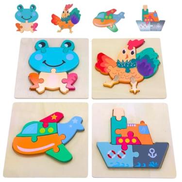 Imagem de Conjunto 4 Quebra-Cabeça 3D em Madeira para Bebês 1+ – Encaixe de Formas e Cores – Estimula Coordenação Motora, Lógica, Brinquedo Educativo, Criatividade e Aprendizado Infantil (Animais e Veiculos)