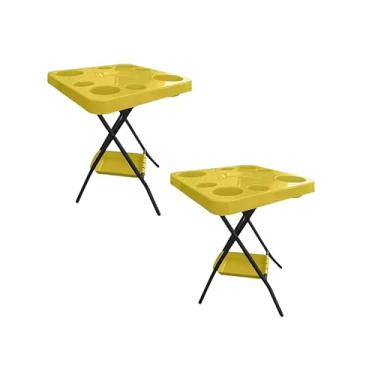 Imagem de Kit 2 Mesinhas Dobráveis para Churrasco e Piscina com Porta Copos e Garrafas(Amarelo)