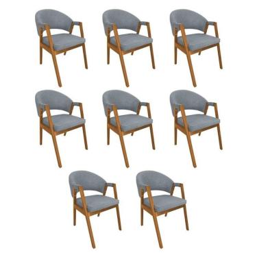 Imagem de Kit 8 Cadeiras De Jantar Madeira Maciça Helen Impermeável Cerejeira Cinza Linho