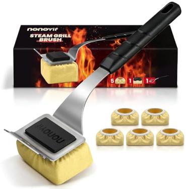 Imagem de nonoYif Escova de grelha sem cerdas + 5 almofadas substituíveis, escova de limpeza de grelha para churrasqueira ao ar livre, escova de grelha a vapor e raspador para grelhas de ferro fundido/aço