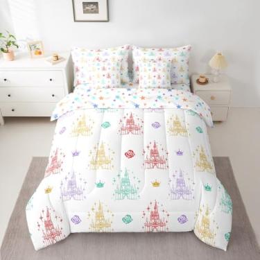 Imagem de Manfei Conjunto de cama solteiro de 7 peças, estampa floral de coroa, princesa de conto de fadas, edredom com edredom, lençóis e fronhas, macio