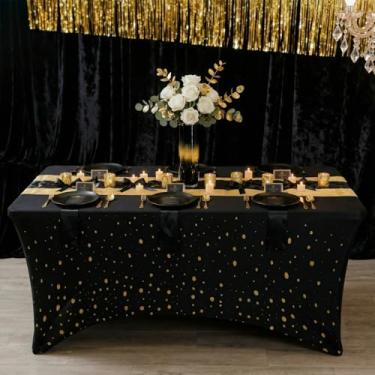 Imagem de Hahafelt Toalha de mesa retangular elástica dourada preta de 1,8 m, capa de mesa elástica universal resistente a vincos para aniversário, casamento, formatura, ano novo, evento esportivo