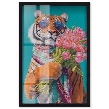 Imagem de Tiger with Bouquet Shadowbox Print Pets Glam Wall Art por Art Remedy, moldura preta, 53 x 78 cm