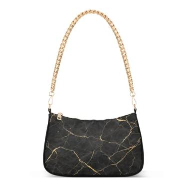 Imagem de Bolsa de ombro com corrente dourada de mármore preto, bolsa feminina Hobo com grande capacidade, bolsa moderna para todos os dias, festas, noite