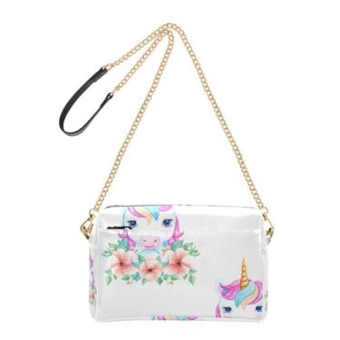 Imagem de Joitme Bolsa feminina tiracolo bolsa para celular linda alça de corrente de couro PU bolsa de ombro linda flor de unicórnio branca