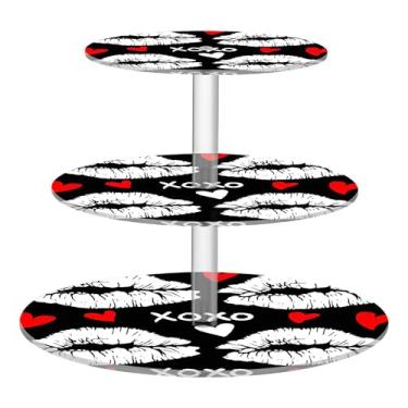 Imagem de Batom branco vermelho Kiss XOXO 3 camadas suporte de cupcake para festa acrílico cupcake torre expositor suportes de sobremesa decorações de mesa para festa formatura flor