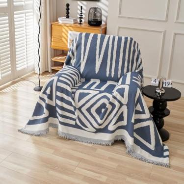 Imagem de VClife Capa de sofá para poltrona, 1 capa de sofá boho tribal azul e branco geométrico jacquard para 1 sofá de sofá, capa de cadeira de chenille lavável macia para sala de estar 188 cm x 232 cm