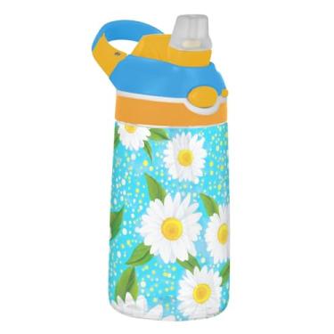 Imagem de Garrafa de água esportiva Tritan infantil de 473 ml com tampa de palha, garrafa de água portátil de 473 ml, copo infantil reutilizável à prova de vazamento, alça de transporte, margaridas brancas