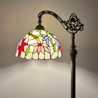 Imagem de Luminária de chão estilo Tiffany com vitral em arco, 30x45x160 cm, haste flexível ajustável, luminária de canto para leitura, decoração para quarto e sala de estar, com desenho de pássaro.