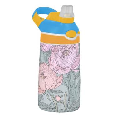 Imagem de Garrafa de água Tritan de 473 ml para crianças, portátil, 473 ml, com copo infantil reutilizável à prova de vazamento, alça de transporte, imagem floral de peônia rosa vibrante