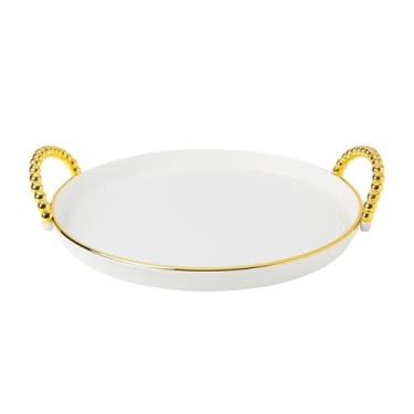 Imagem de Bandeja Luxo Decorativa com alças Grande Borda Dourada Banheiro Lavabo Multiuso Cantinho do Café, Ideal para Servir Petiscos e Decoração de Mesa Brasileira(BANDEJA REDONDA DOURADA)