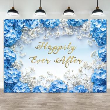 Imagem de Pano de fundo Happily Ever After de 1,8 x 1,8 m, floral, azul, branco, boêmio, decoração de festa de casamento, banner, faixa de poliéster, adereços para fotos